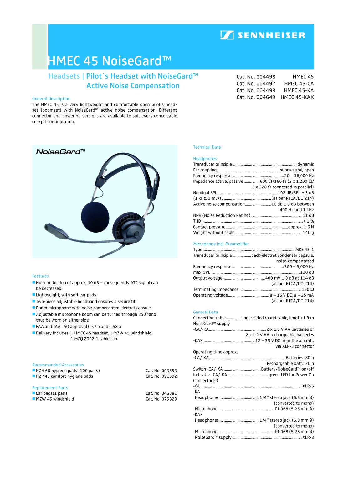 Sennheiser HMEC 45-CA, HMEC 45-KAX manual Hmec 45 NoiseGard, Hmec 45-CA, Hmec 45-KAX 