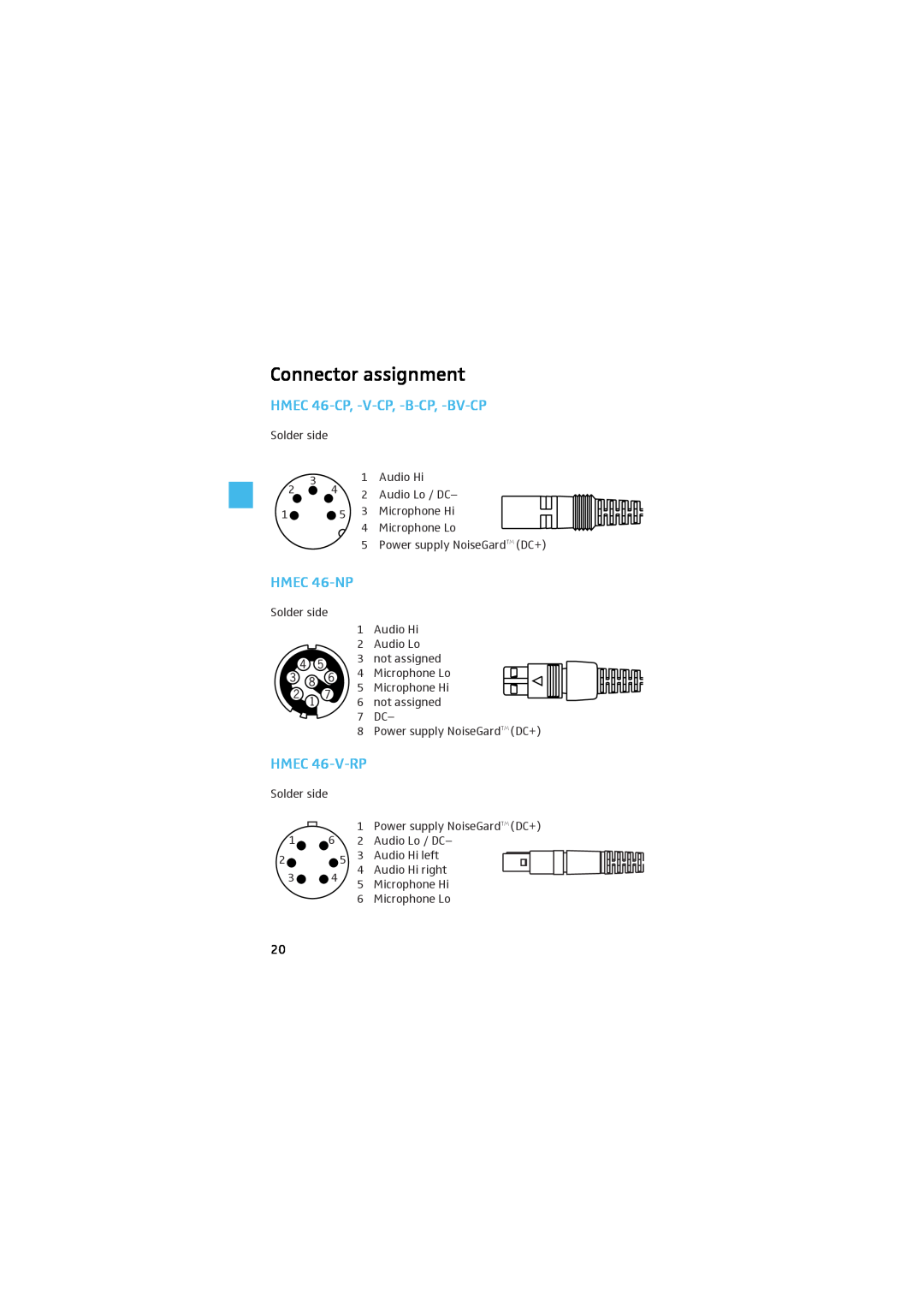 Sennheiser manual Connector assignment, HMEC 46-CP, -V-CP, -B-CP, -BV-CP, HMEC 46-NP, HMEC 46-V-RP 