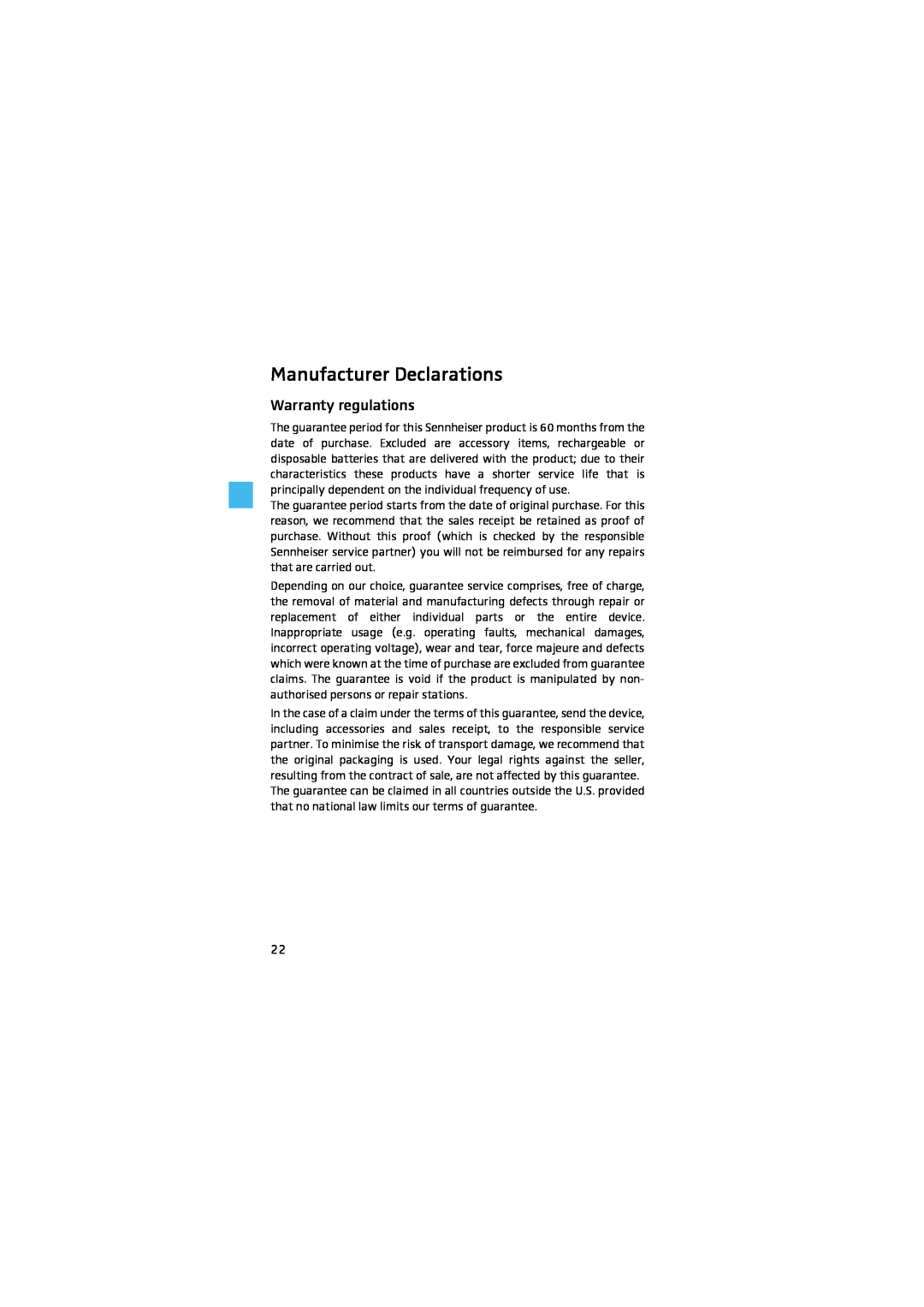 Sennheiser HMEC 46 manual Manufacturer Declarations, Warranty regulations 