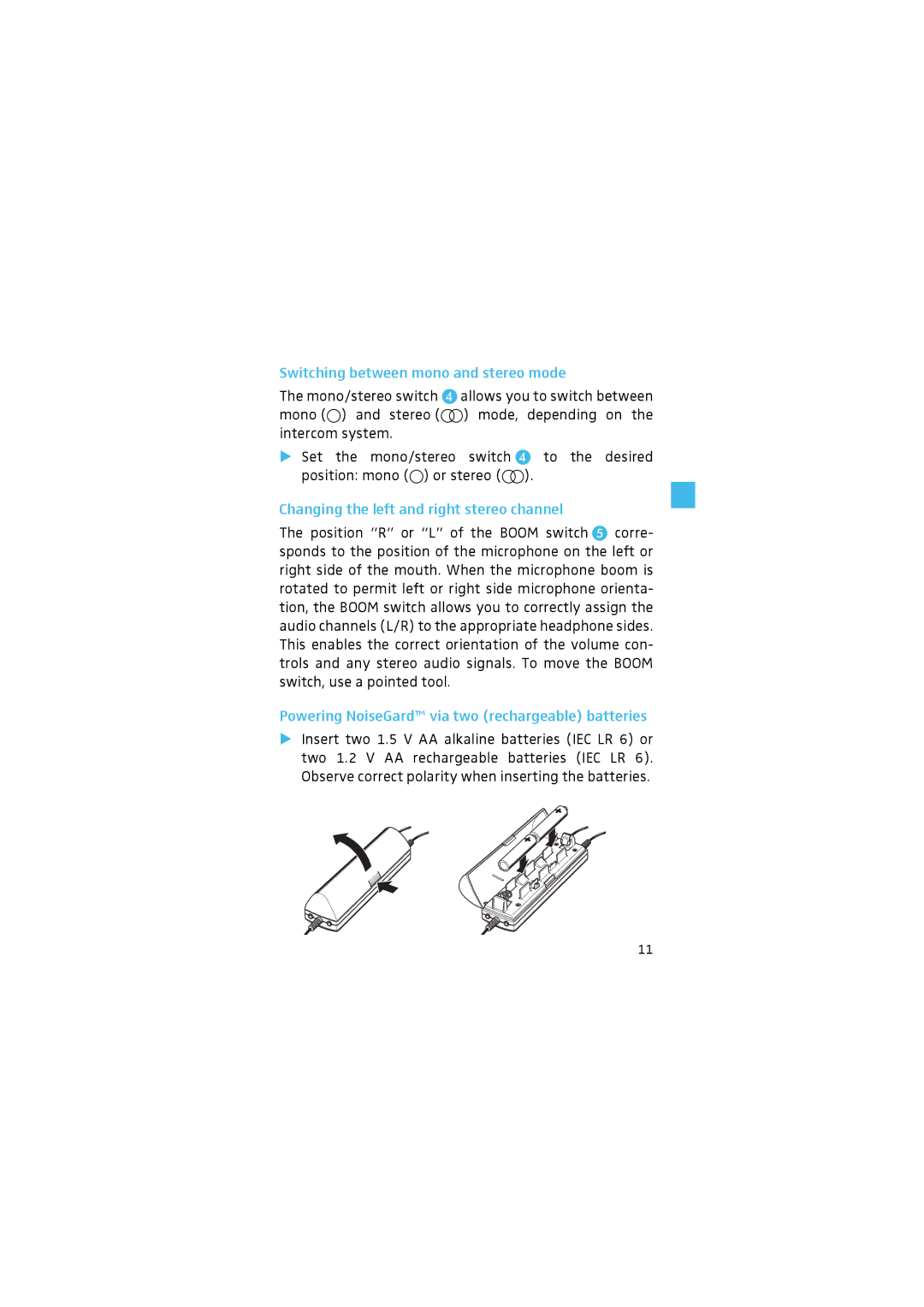 Sennheiser HMEC 46 manual Switching between mono and stereo mode, Changing the left and right stereo channel 