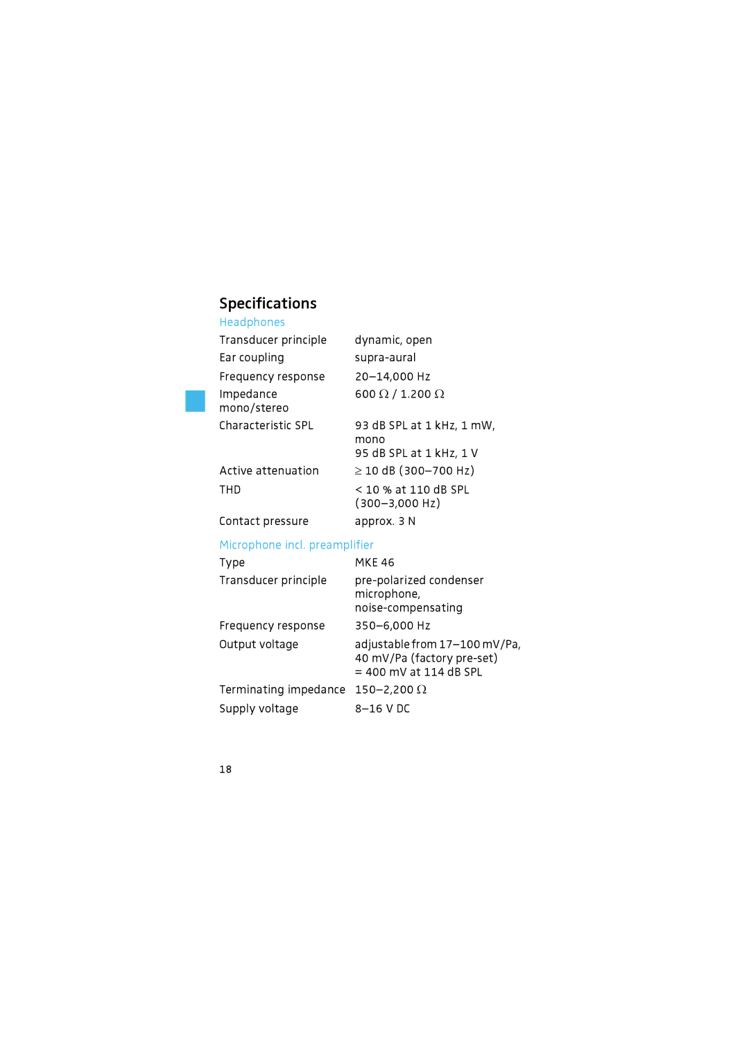 Sennheiser HMEC 46 manual Specifications, Headphones, Microphone incl. preamplifier 