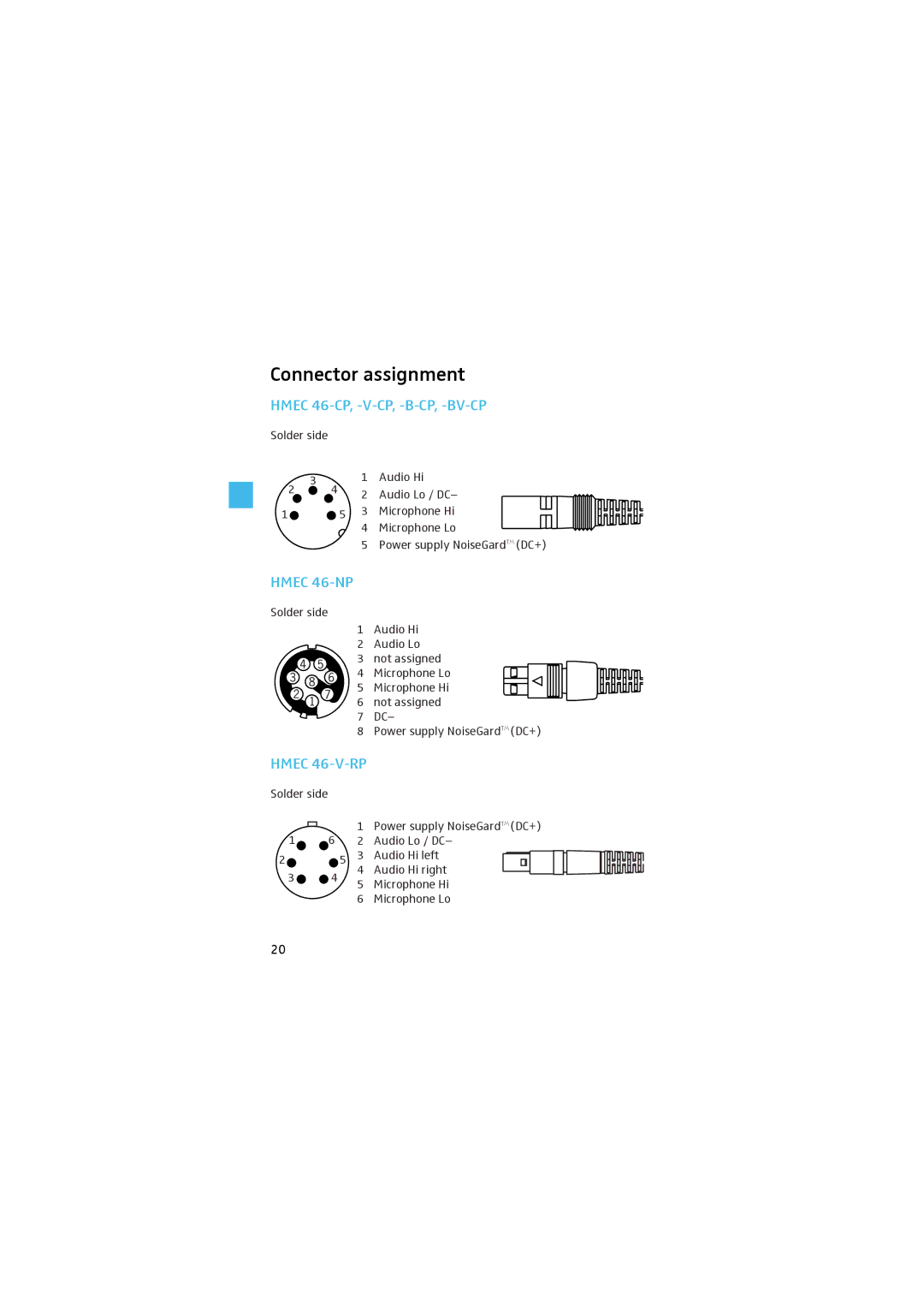 Sennheiser HMEC 46 manual Connector assignment, Hmec 46-CP, -V-CP, -B-CP, -BV-CP 