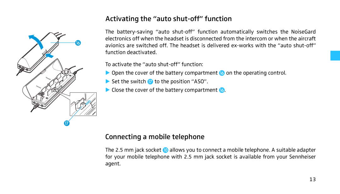 Sennheiser HMEC 460 manual Activating the auto shut-off function, Connecting a mobile telephone 