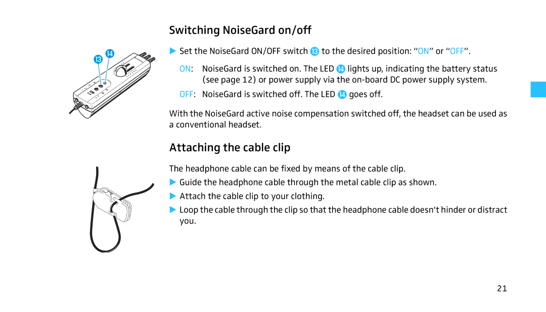 Sennheiser HMEC 460 manual Switching NoiseGard on/off, Attaching the cable clip 