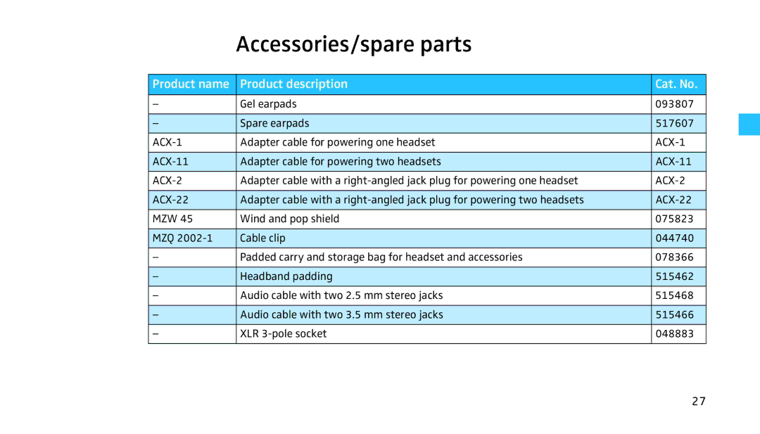 Sennheiser HMEC 460 manual Accessories/spare parts, Product name Product description Cat. No 