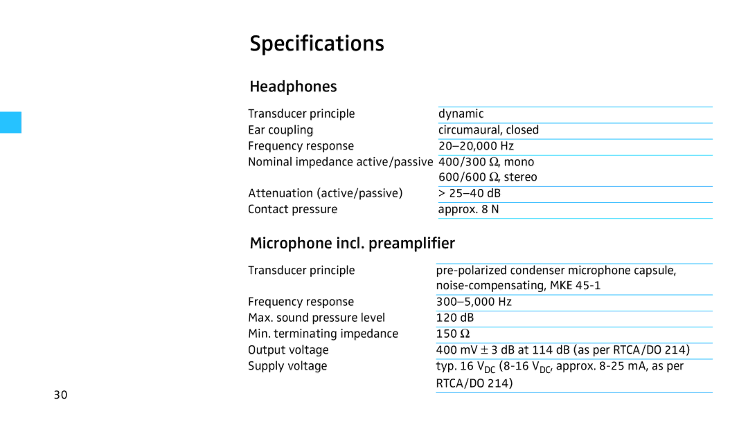 Sennheiser HMEC 460 manual Specifications, Headphones, Microphone incl. preamplifier 