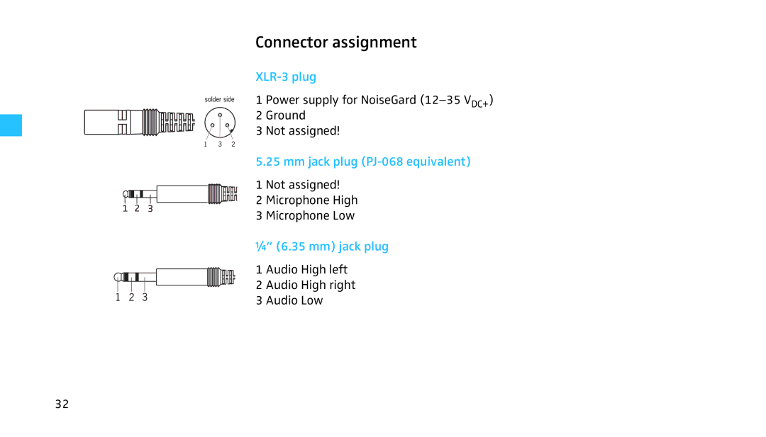 Sennheiser HMEC 460 manual Connector assignment, XLR-3 plug, Mm jack plug PJ-068 equivalent, ¼ 6.35 mm jack plug 