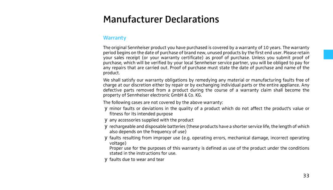 Sennheiser HMEC 460 manual Manufacturer Declarations, Warranty 