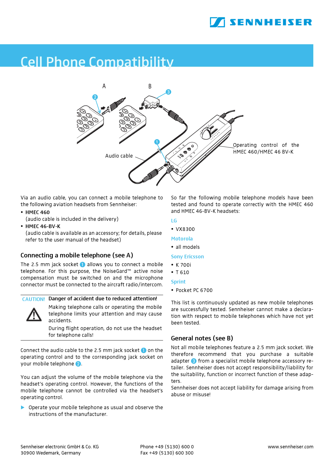 Sennheiser HMEC 460 user manual Cell Phone Compatibility, Connecting a mobile telephone see a, General notes see B 