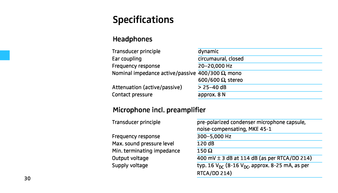 Sennheiser HMEC 460 manual Specifications, Headphones, Microphone incl. preamplifier 