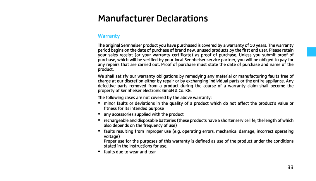 Sennheiser HMEC 460 manual Manufacturer Declarations, Warranty 