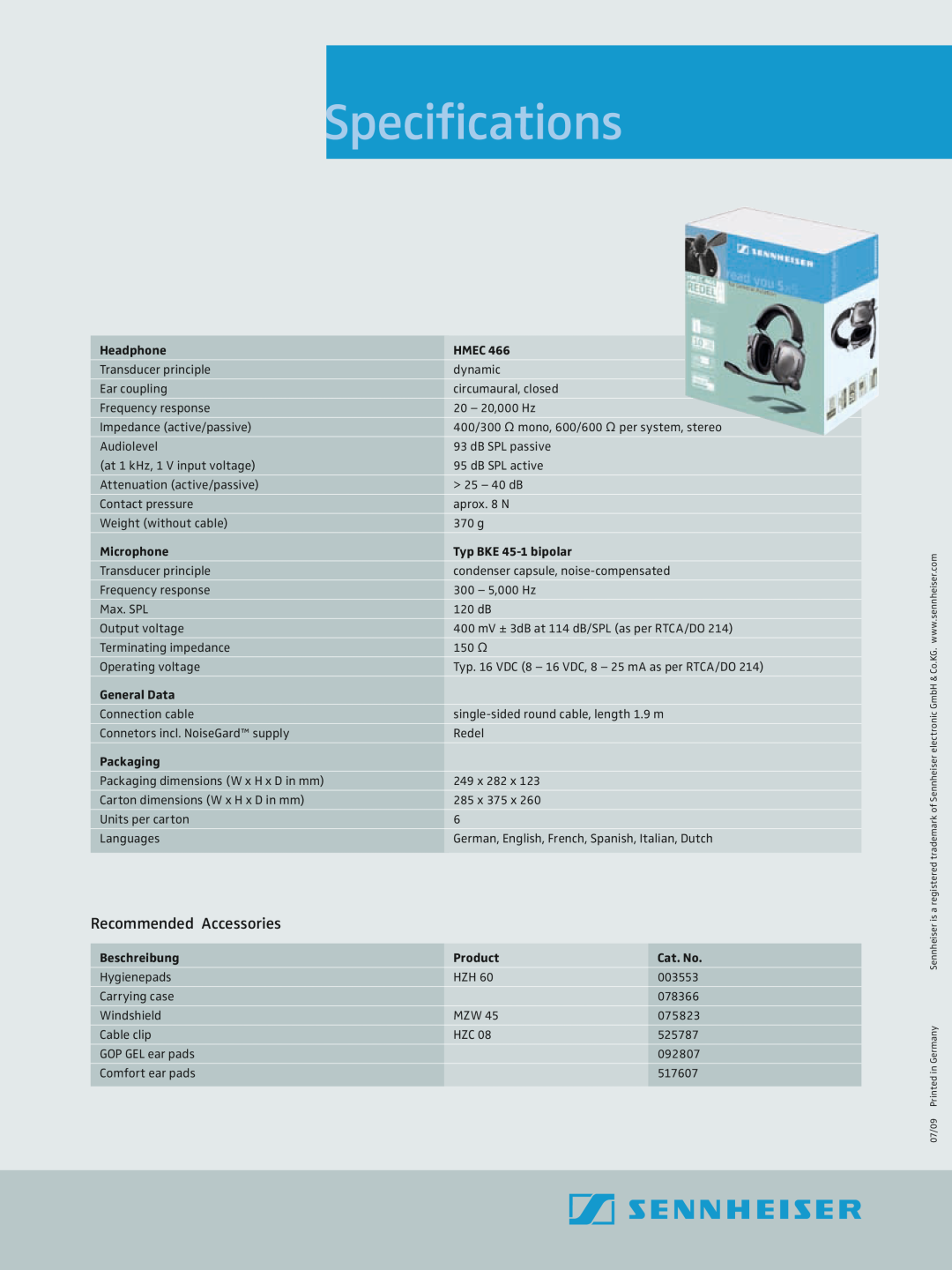 Sennheiser HMEC 466 Specifications, Headphone, Hmec, Microphone, Typ BKE 45-1bipolar, General Data, Packaging, Product 