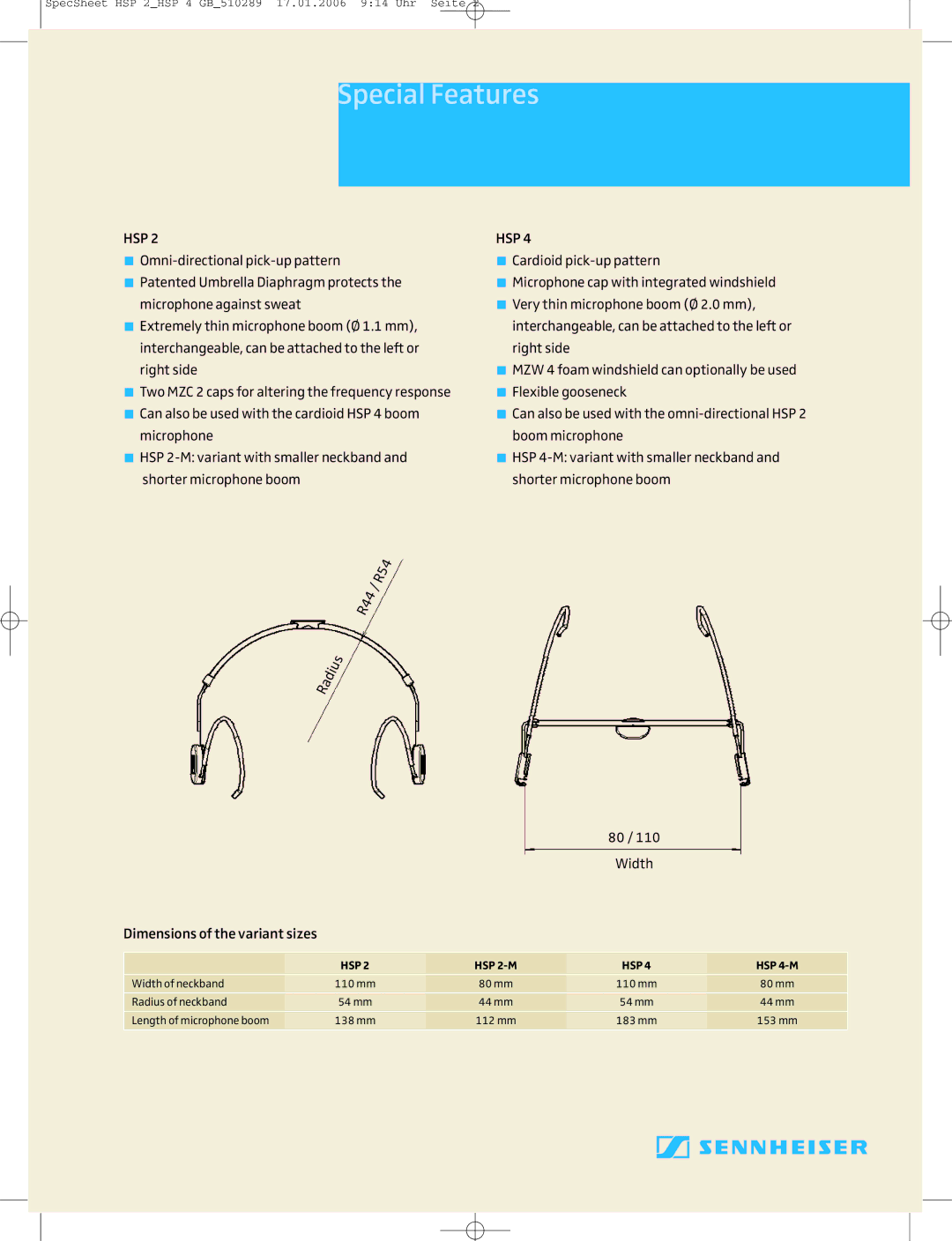 Sennheiser HSP 2-M, HSP 4-M warranty SpecialFeatures, HSP2 HSP2-M HSP4 HSP4-M 