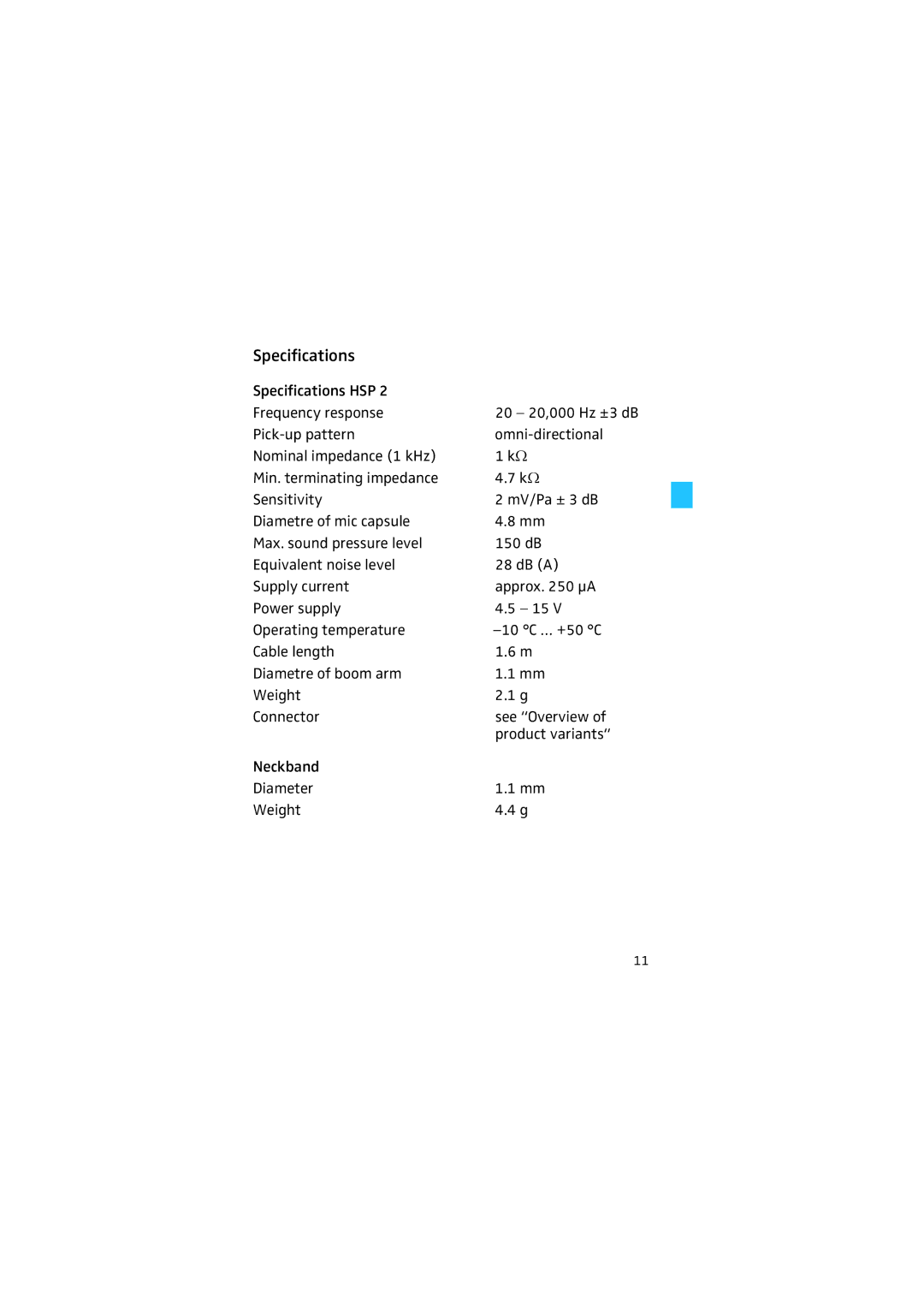 Sennheiser HSP 2 manual Specifications 