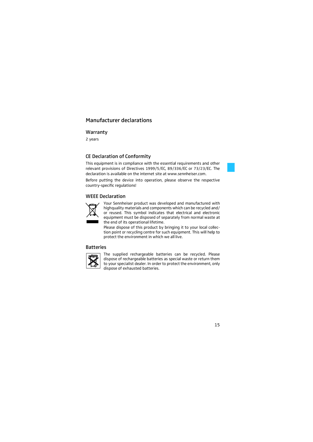 Sennheiser HSP 2 manual Manufacturer declarations, CE Declaration of Conformity 