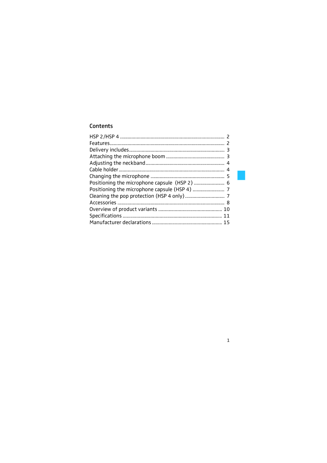 Sennheiser HSP 2 manual Contents 