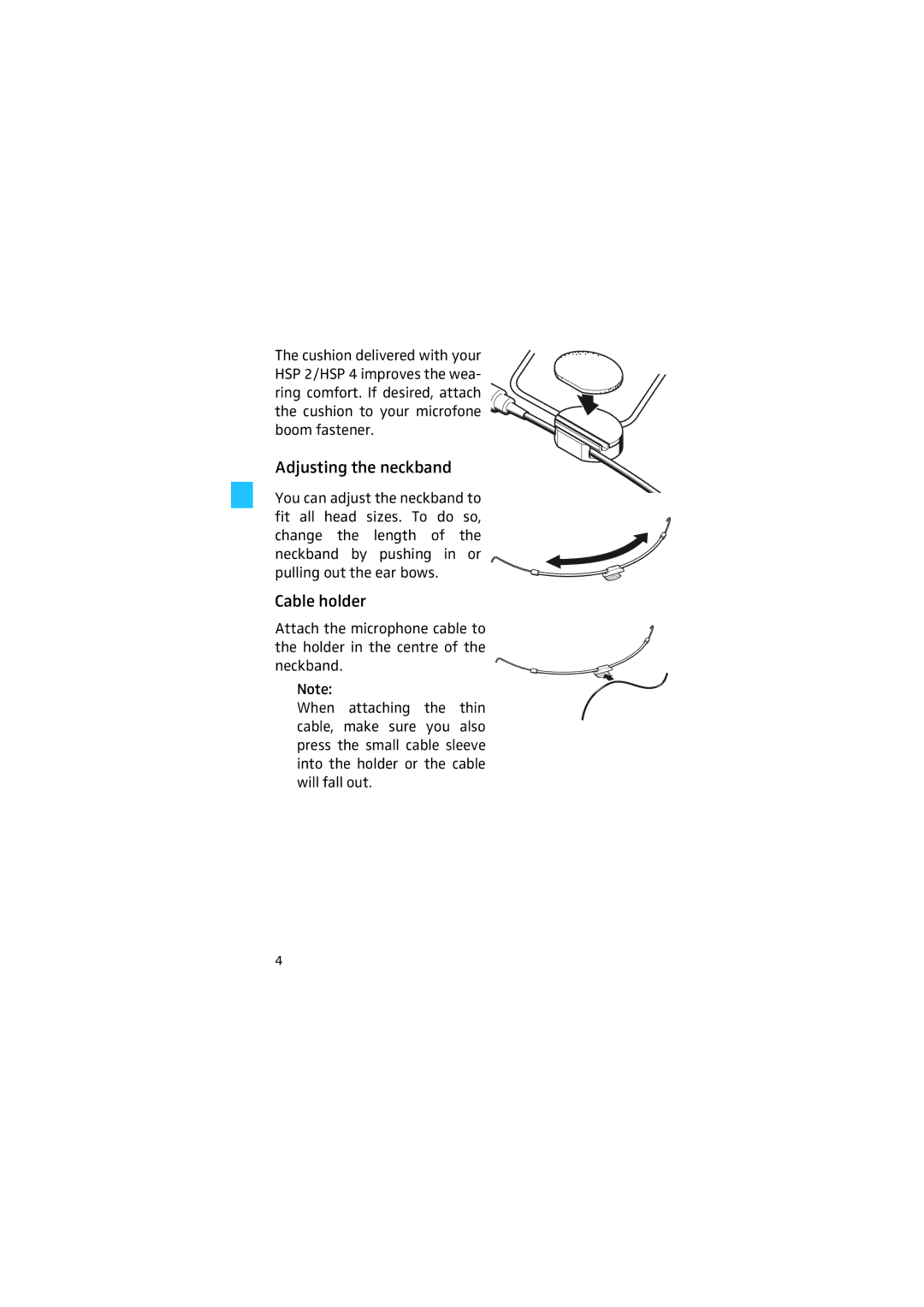 Sennheiser HSP 2 manual Adjusting the neckband, Cable holder 