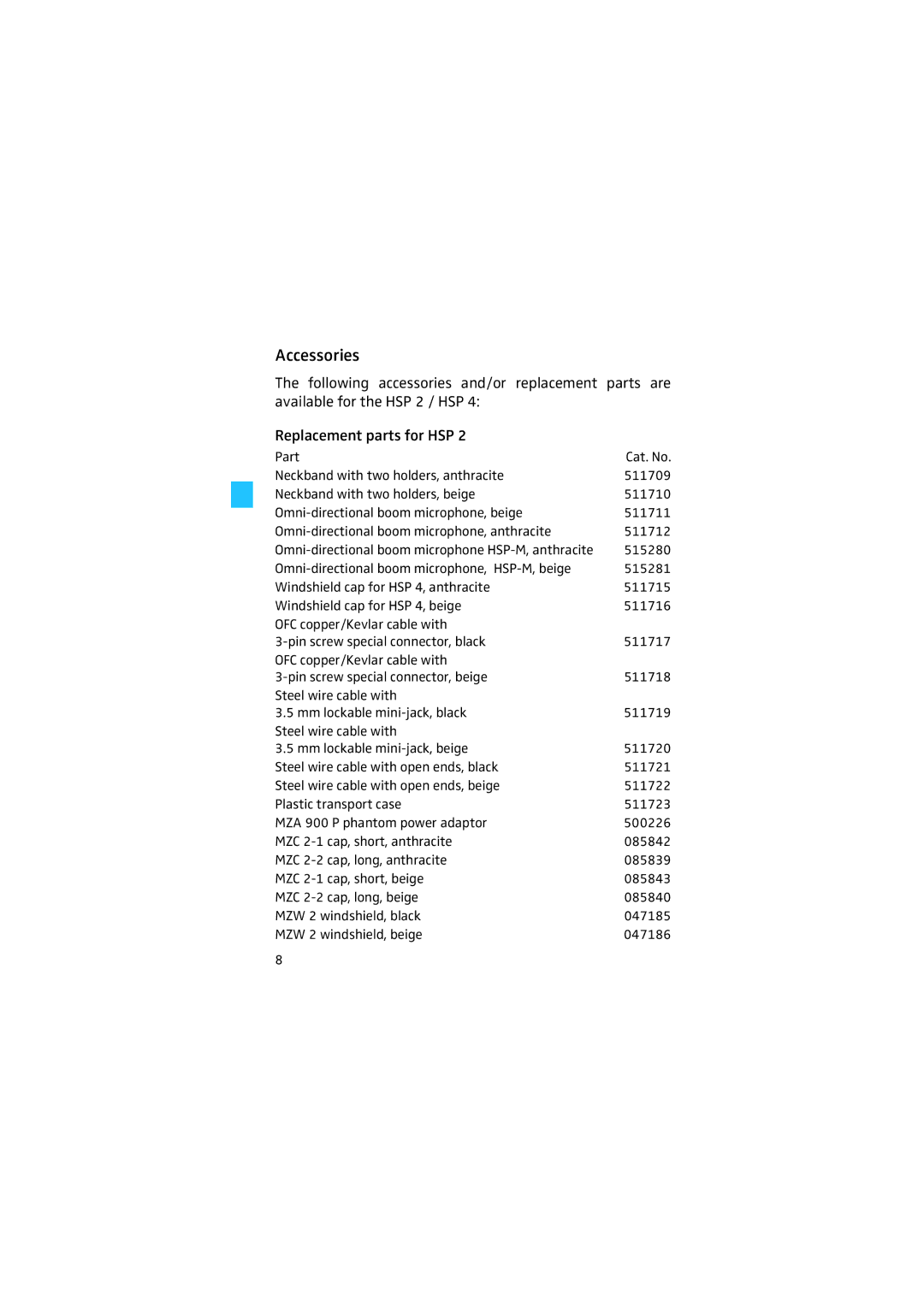 Sennheiser HSP 2 manual Accessories 