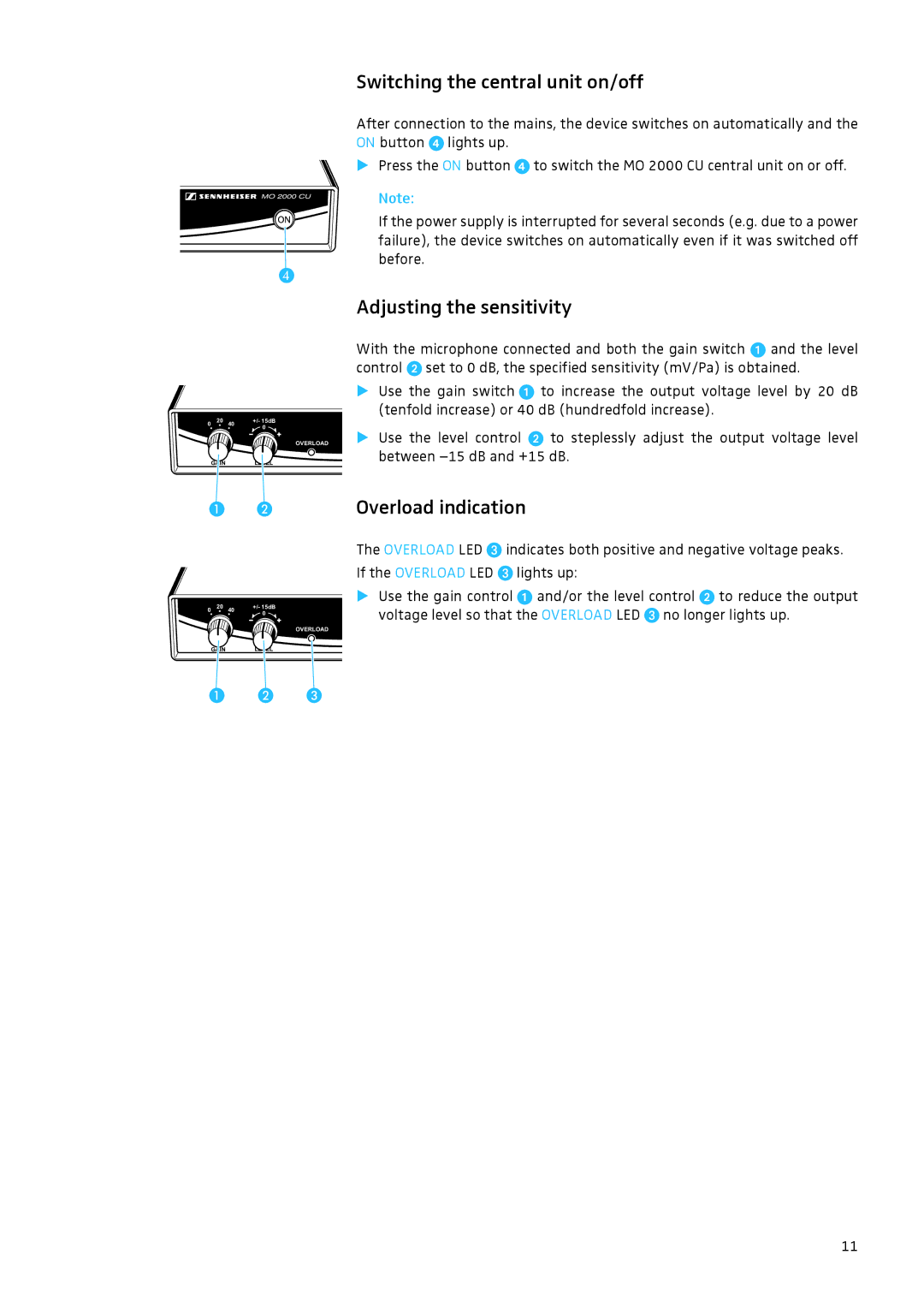 Sennheiser IAS-MO 2000 manual Switching the central unit on/off, Adjusting the sensitivity, Overload indication 