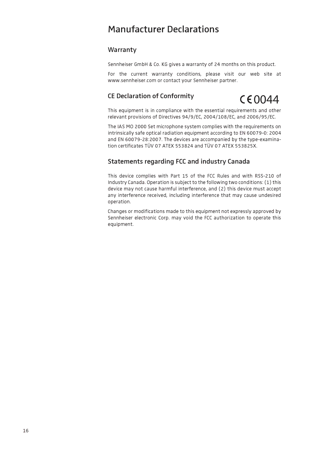 Sennheiser IAS-MO 2000 manual Manufacturer Declarations, Warranty, CE Declaration of Conformity 