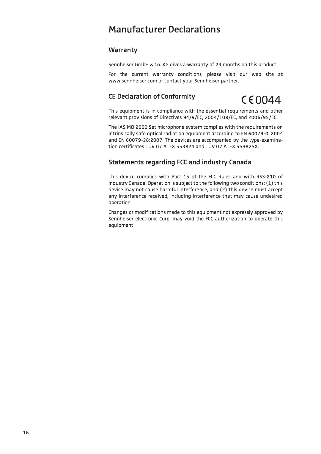 Sennheiser IAS-MO 2000 manual Manufacturer Declarations, Warranty, CE Declaration of Conformity, 0044 