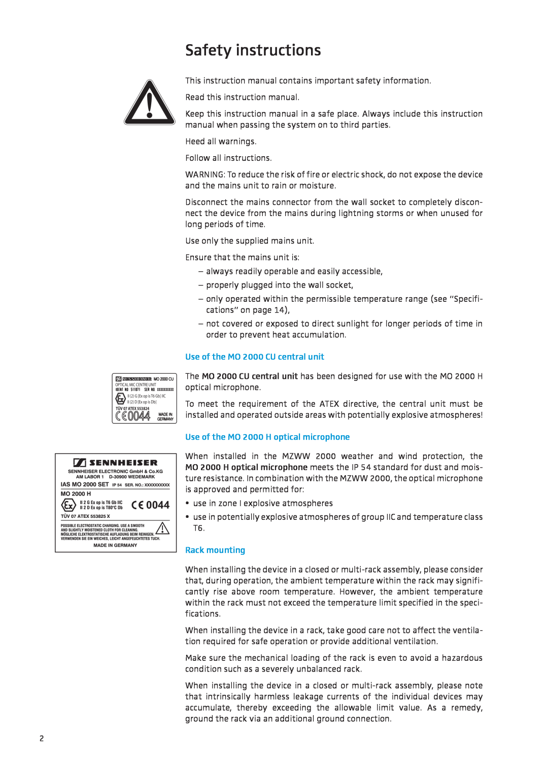 Sennheiser IAS-MO 2000 Safety instructions, Use of the MO 2000 CU central unit, Use of the MO 2000 H optical microphone 