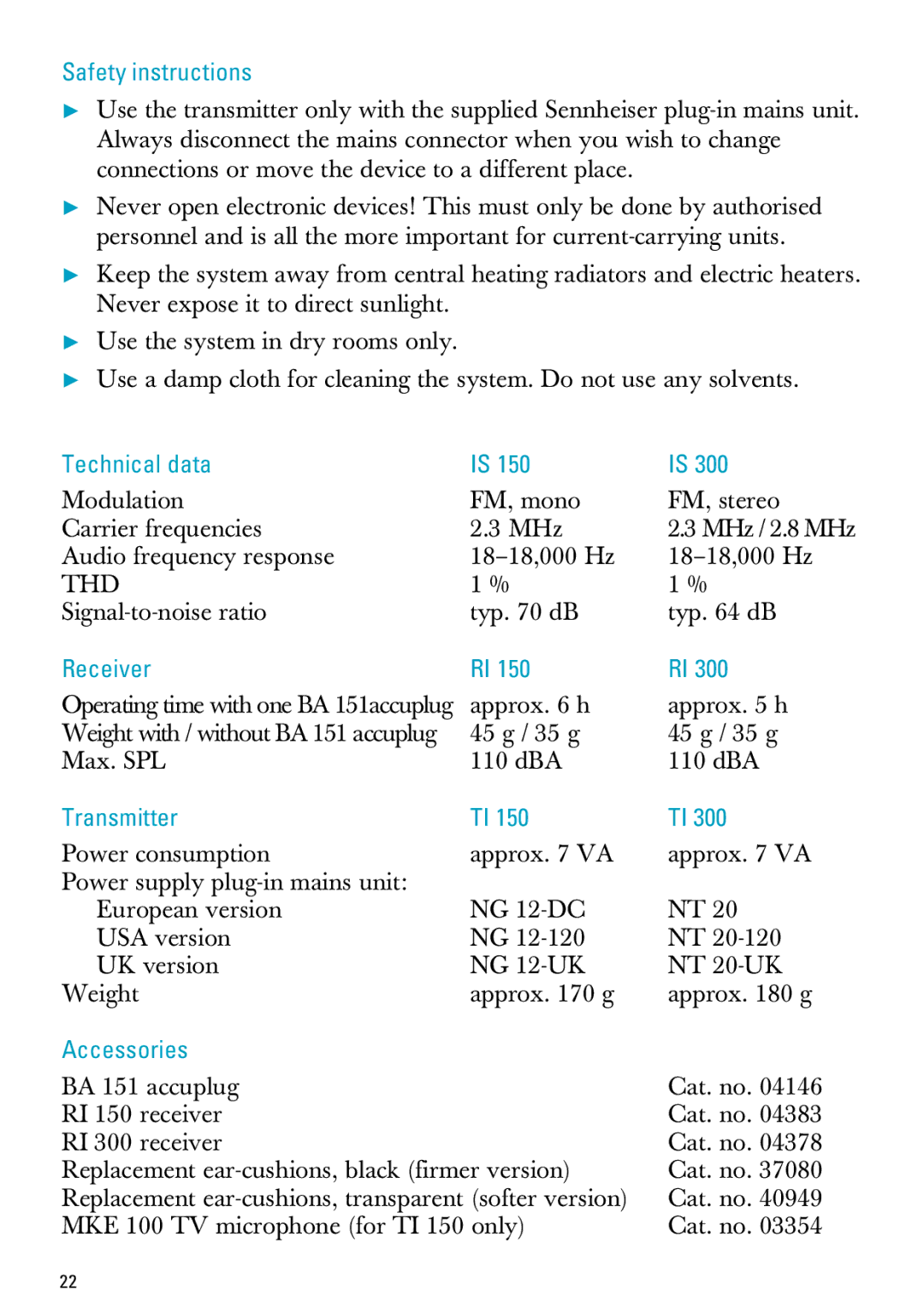 Sennheiser IS 300, IS 150 manual Safety instructions, Technical data, Receiver, Transmitter, Accessories 