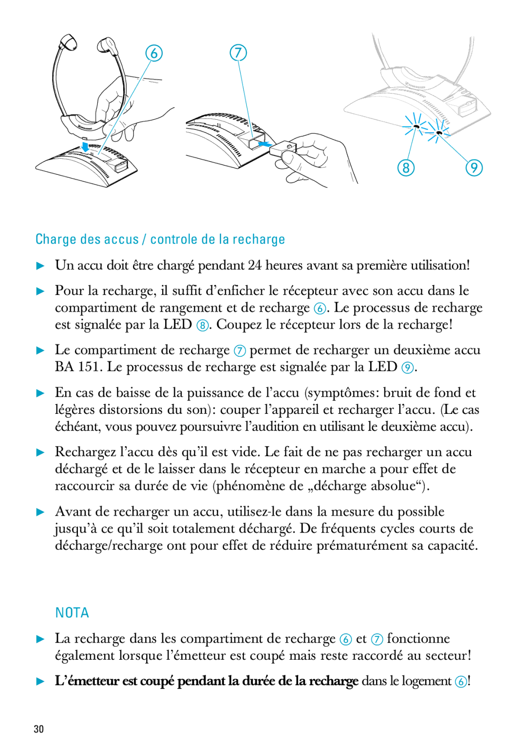 Sennheiser IS 300, IS 150 manual Charge des accus / controle de la recharge 