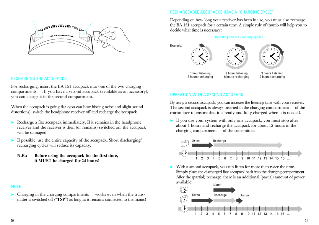 Sennheiser IS 380 Recharging the Accupacks, Rechargeable Accupacks have a Charging Cycle, Operation with a Second Accupack 
