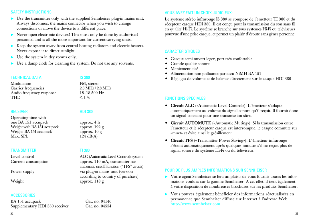 Sennheiser IS 380 manual Safety Instructions, Vous Avez Fait UN Choix Judicieux, Caracteristiques, Technical Data, Receiver 