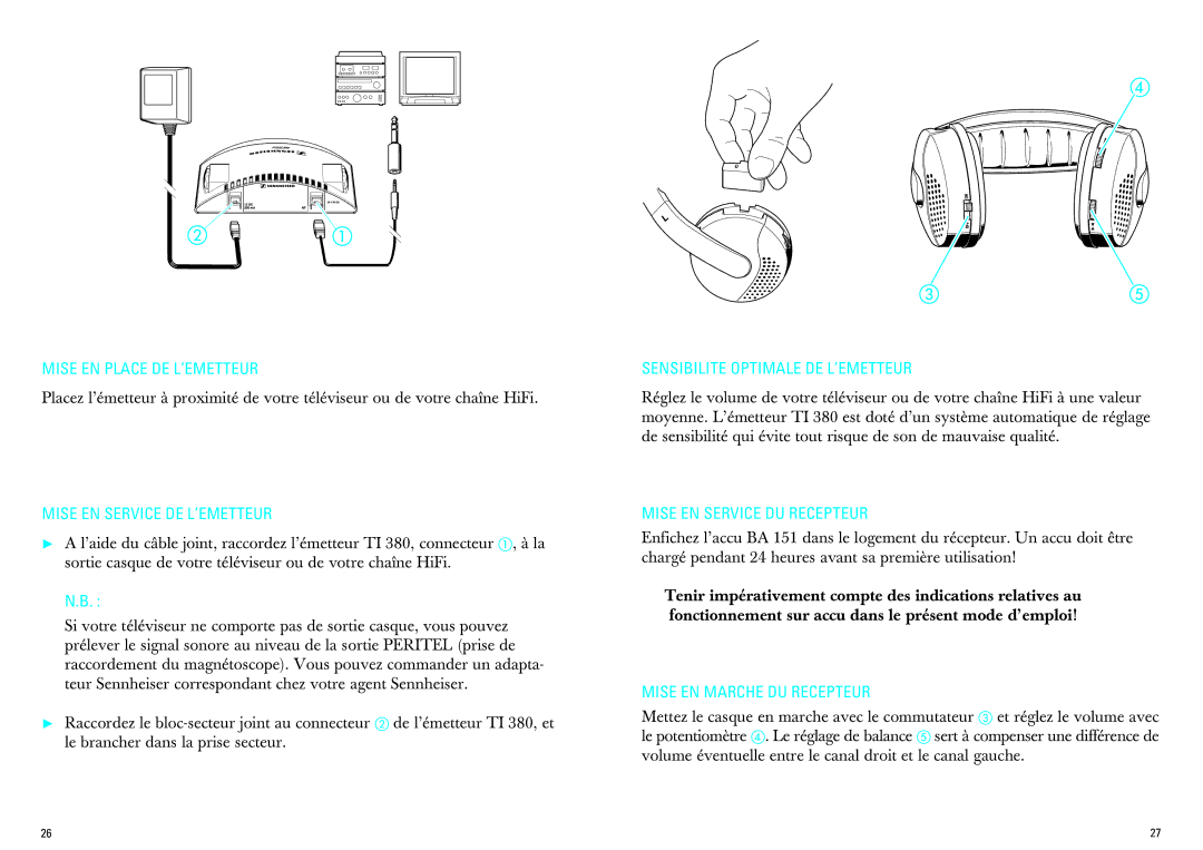 Sennheiser IS 380 manual Mise EN Place DE L’EMETTEUR, Mise EN Service DE L’EMETTEUR, Sensibilite Optimale DE L’EMETTEUR 