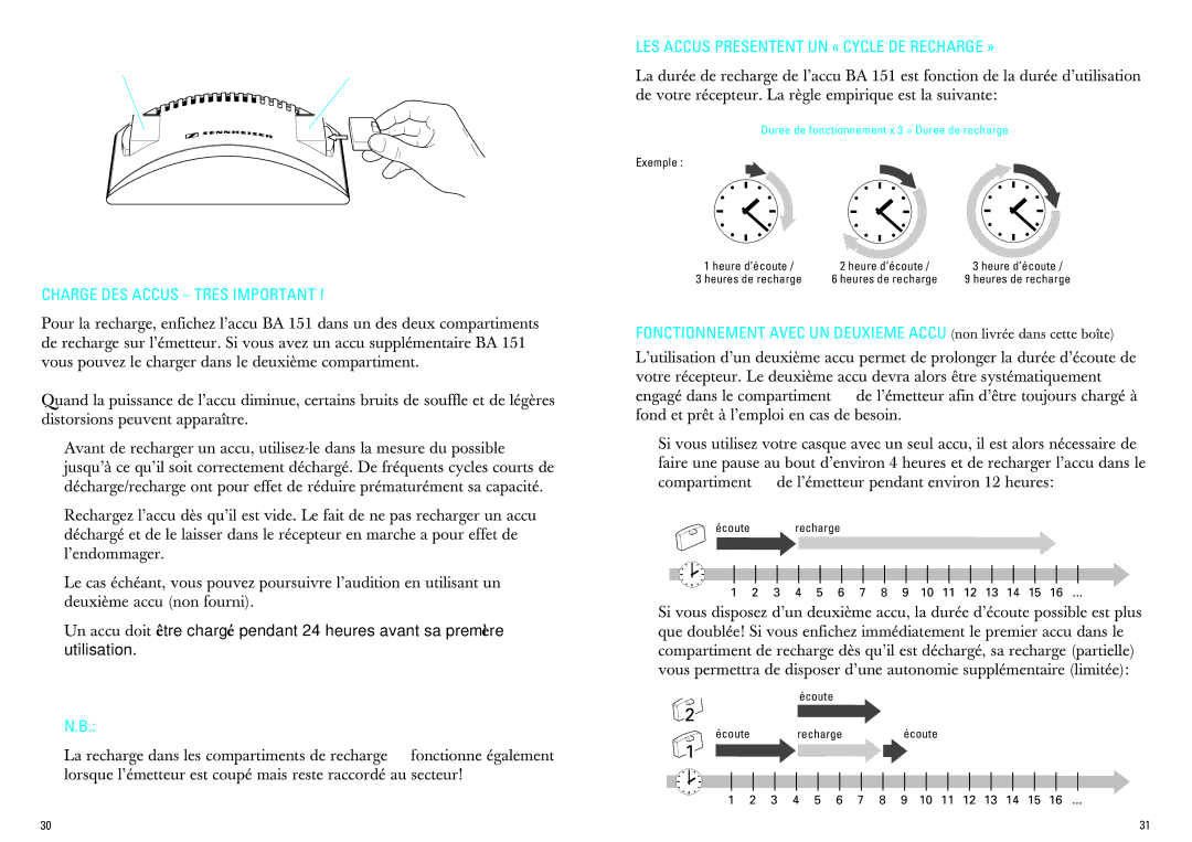 Sennheiser IS 380 manual Charge DES Accus Tres Important, LES Accus Presentent UN « Cycle DE Recharge » 