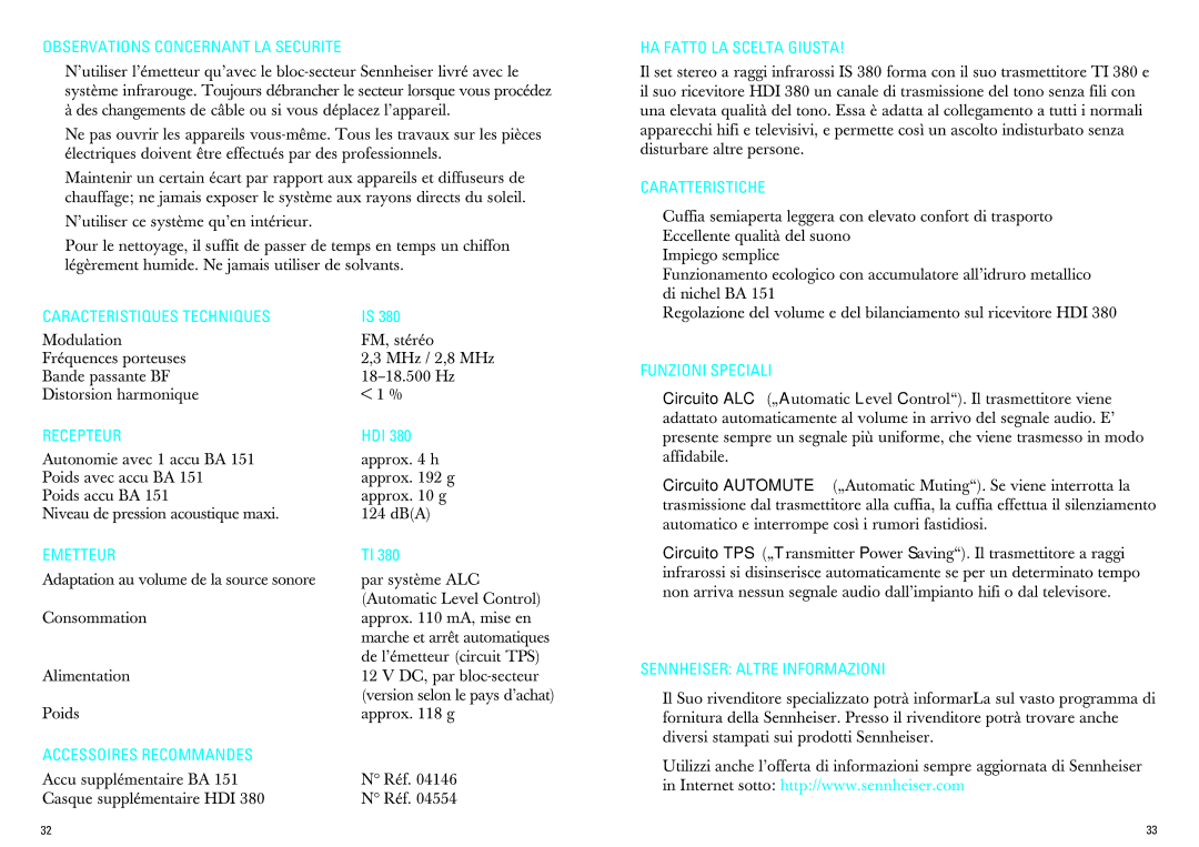 Sennheiser IS 380 Observations Concernant LA Securite, HA Fatto LA Scelta Giusta, Caratteristiche, Recepteur, Emetteur 