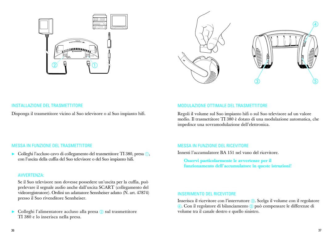 Sennheiser IS 380 manual Installazione DEL Trasmettitore, Messa in Funzione DEL Trasmettitore, Avvertenza 