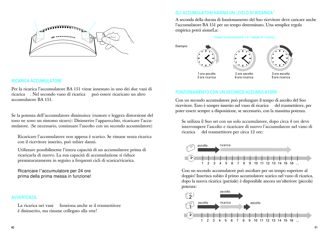 Sennheiser IS 380 manual Ricarica Accumulatore, GLI Accumulatori Hanno UN „CICLO DI Ricarica 