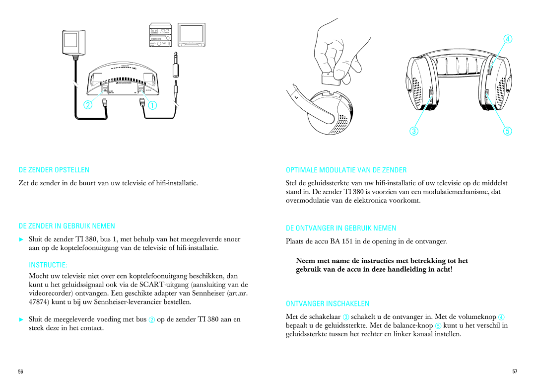 Sennheiser IS 380 manual DE Zender Opstellen, DE Zender in Gebruik Nemen, Instructie, Optimale Modulatie VAN DE Zender 