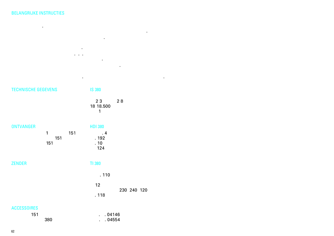 Sennheiser IS 380 manual Belangrijke Instructies, Technische Gegevens, Ontvanger, Zender, Accessoires 