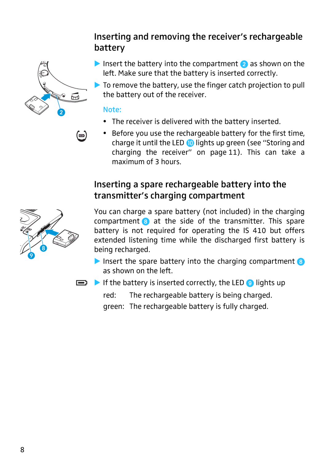 Sennheiser IS410 manual Inserting and removing the receiver’s rechargeable battery 