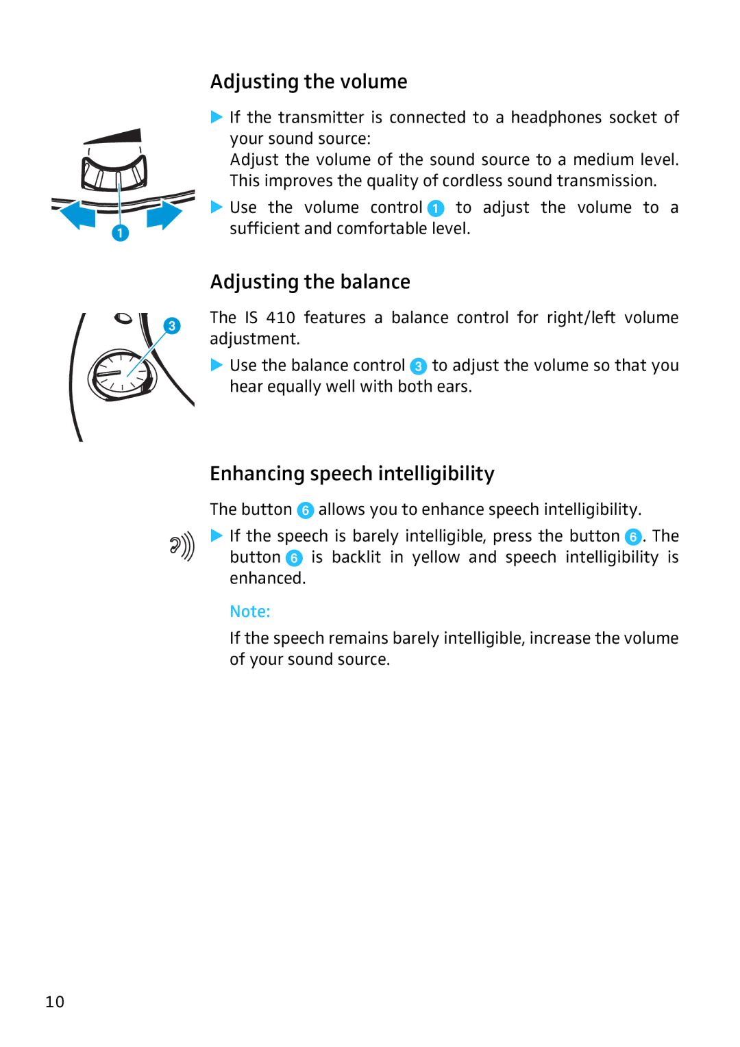 Sennheiser IS410 manual Adjusting the volume, Adjusting the balance, Enhancing speech intelligibility 