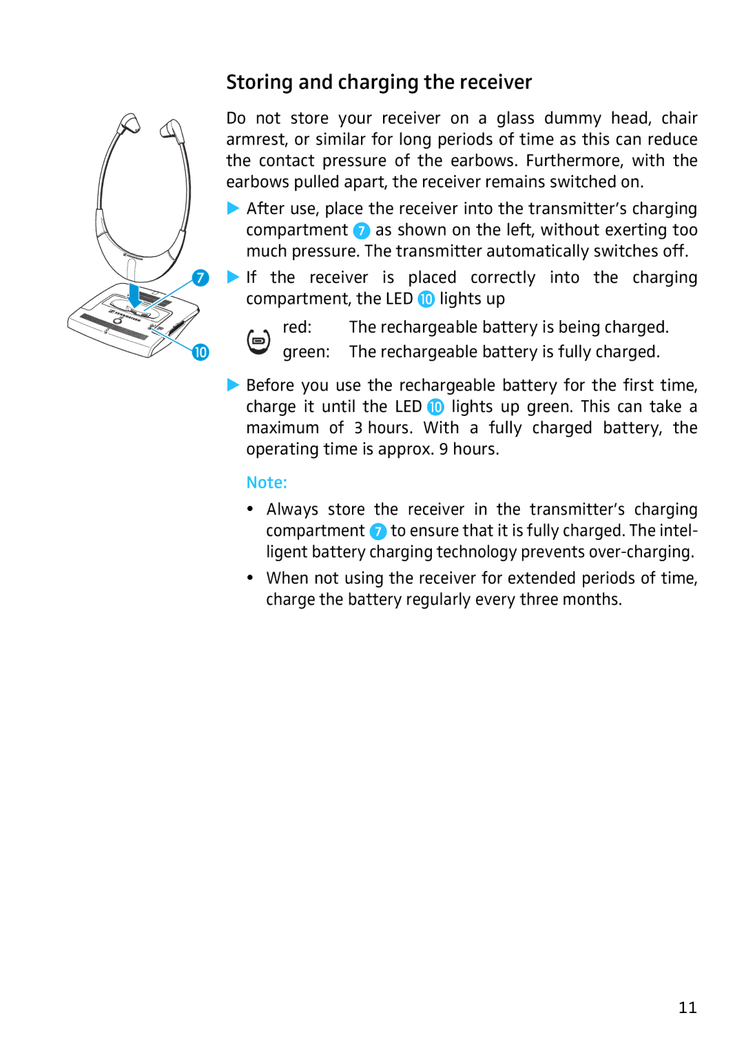 Sennheiser IS410 manual Storing and charging the receiver 