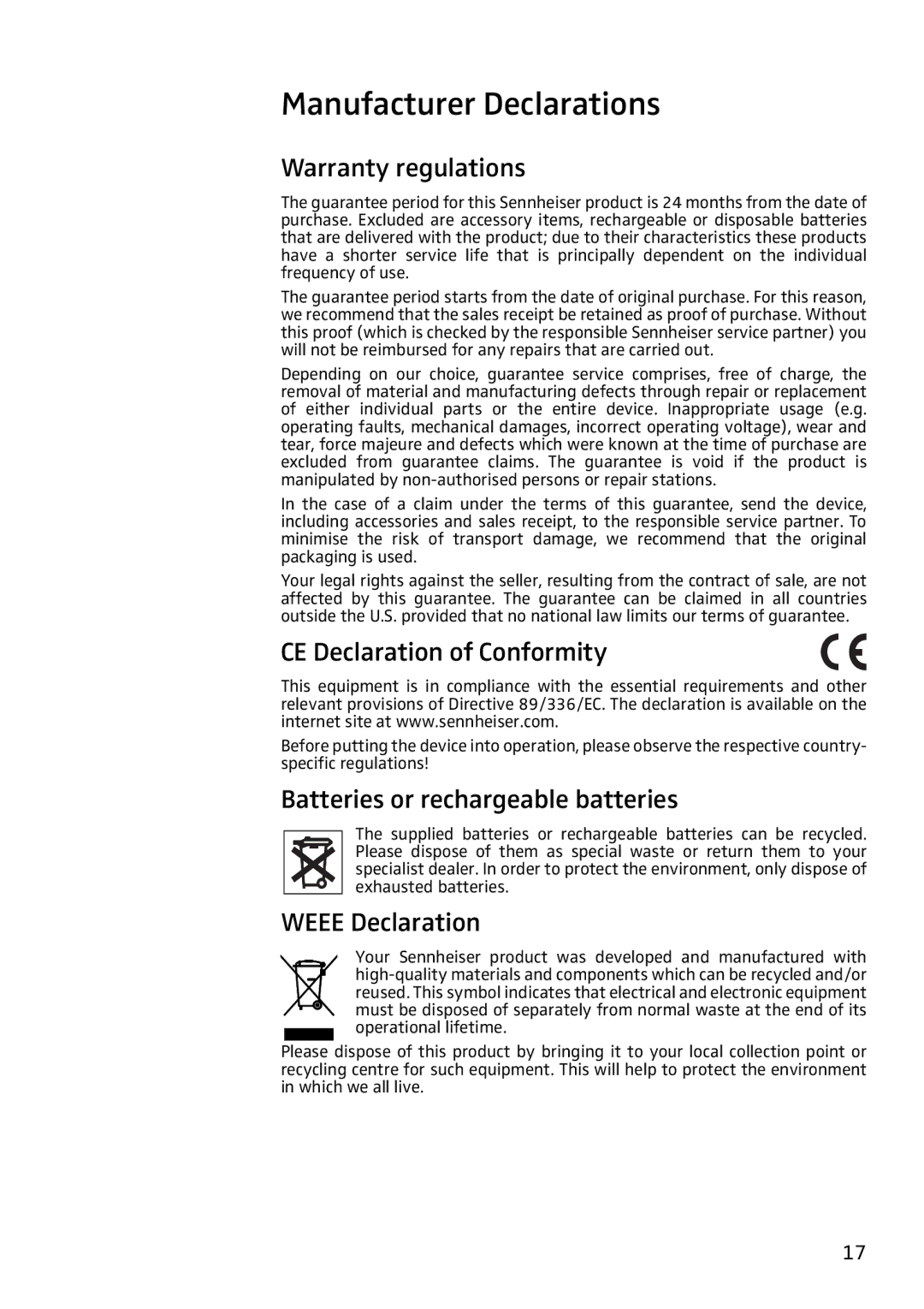 Sennheiser IS410 manual Manufacturer Declarations, Warranty regulations, CE Declaration of Conformity, Weee Declaration 