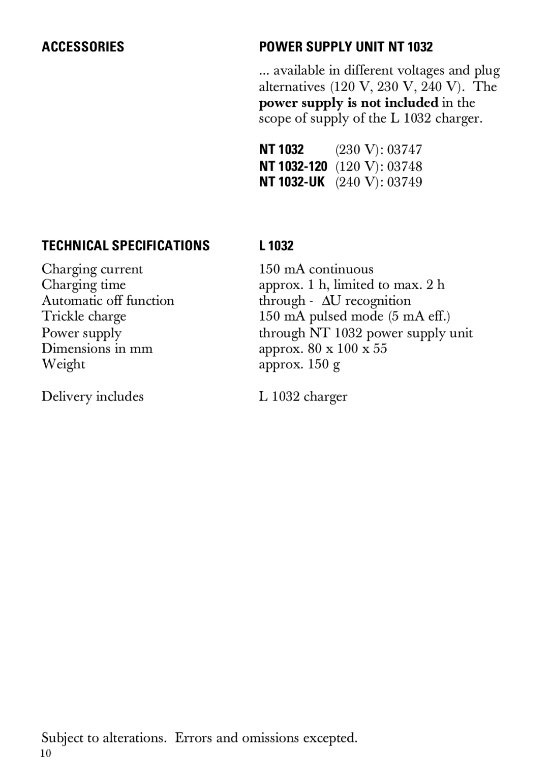 Sennheiser L 1032 manual Accessories, Technical Specifications 