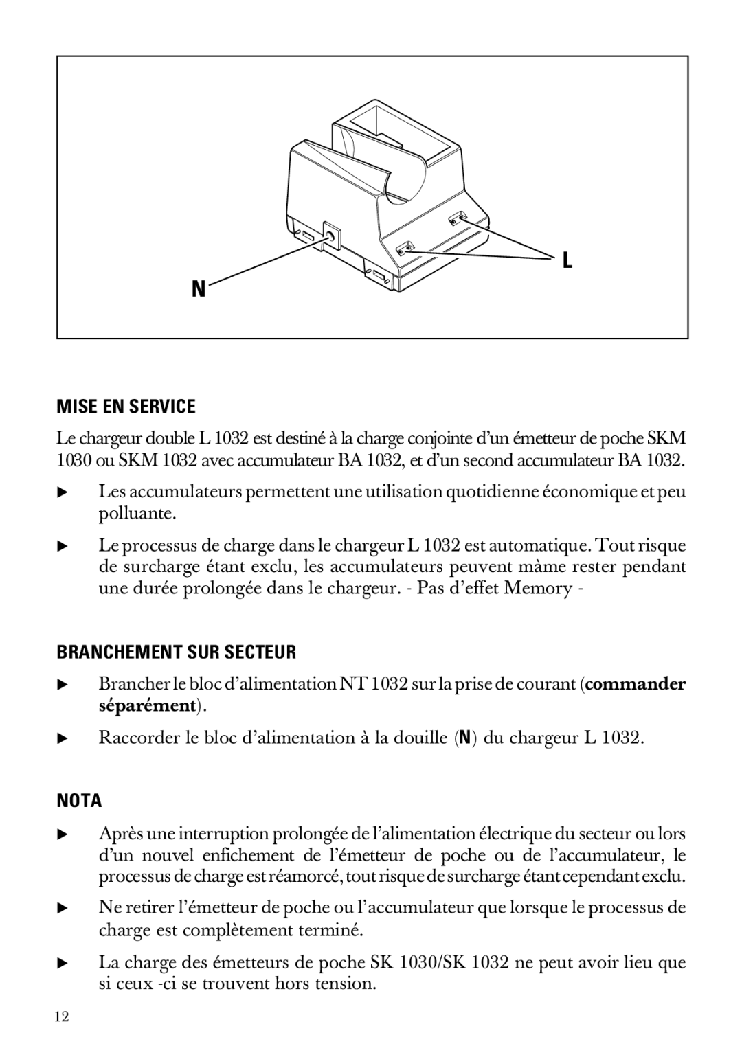 Sennheiser L 1032 manual Mise EN Service, Branchement SUR Secteur, Nota 