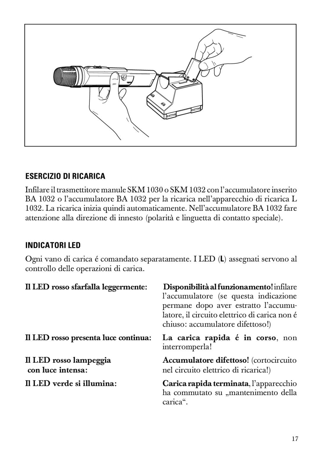 Sennheiser L 1032 manual Esercizio DI Ricarica, Indicatori LED 