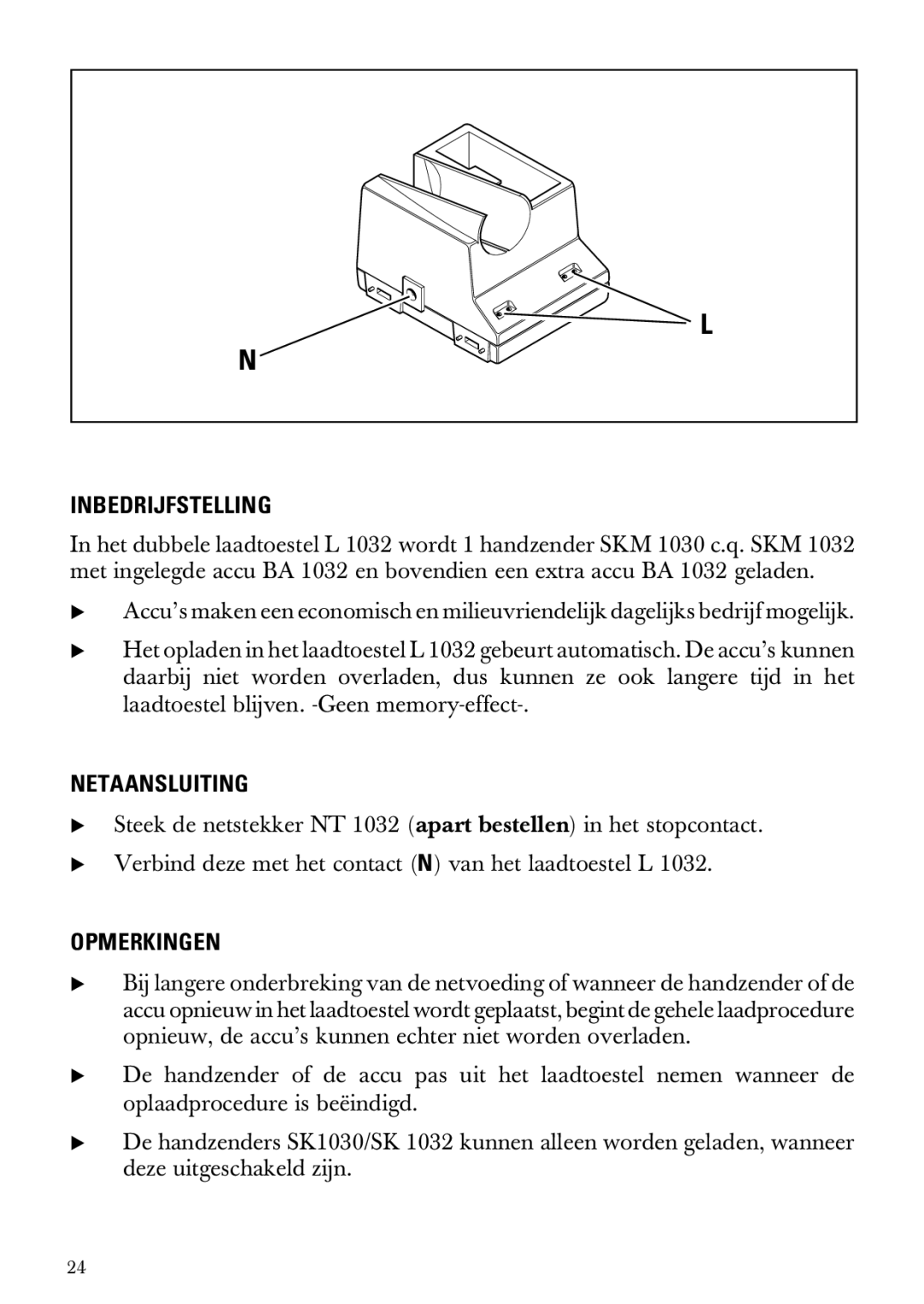 Sennheiser L 1032 manual Inbedrijfstelling, Netaansluiting, Opmerkingen 