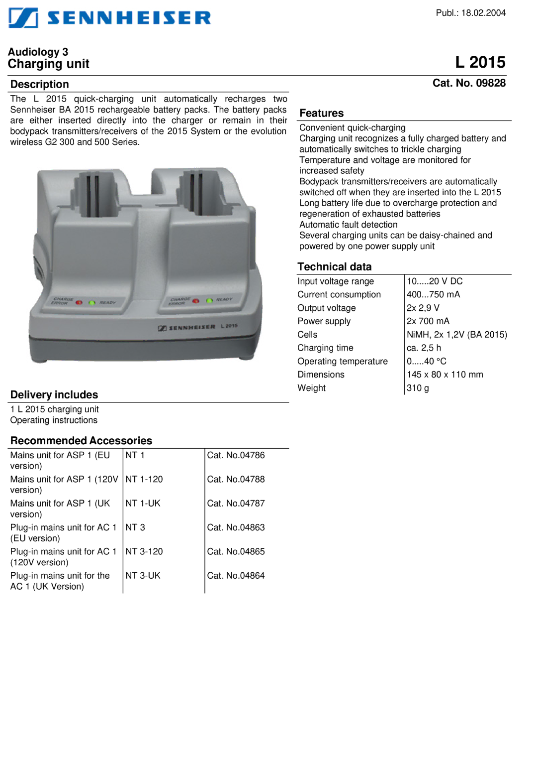 Sennheiser L 2015 operating instructions Charging unit 