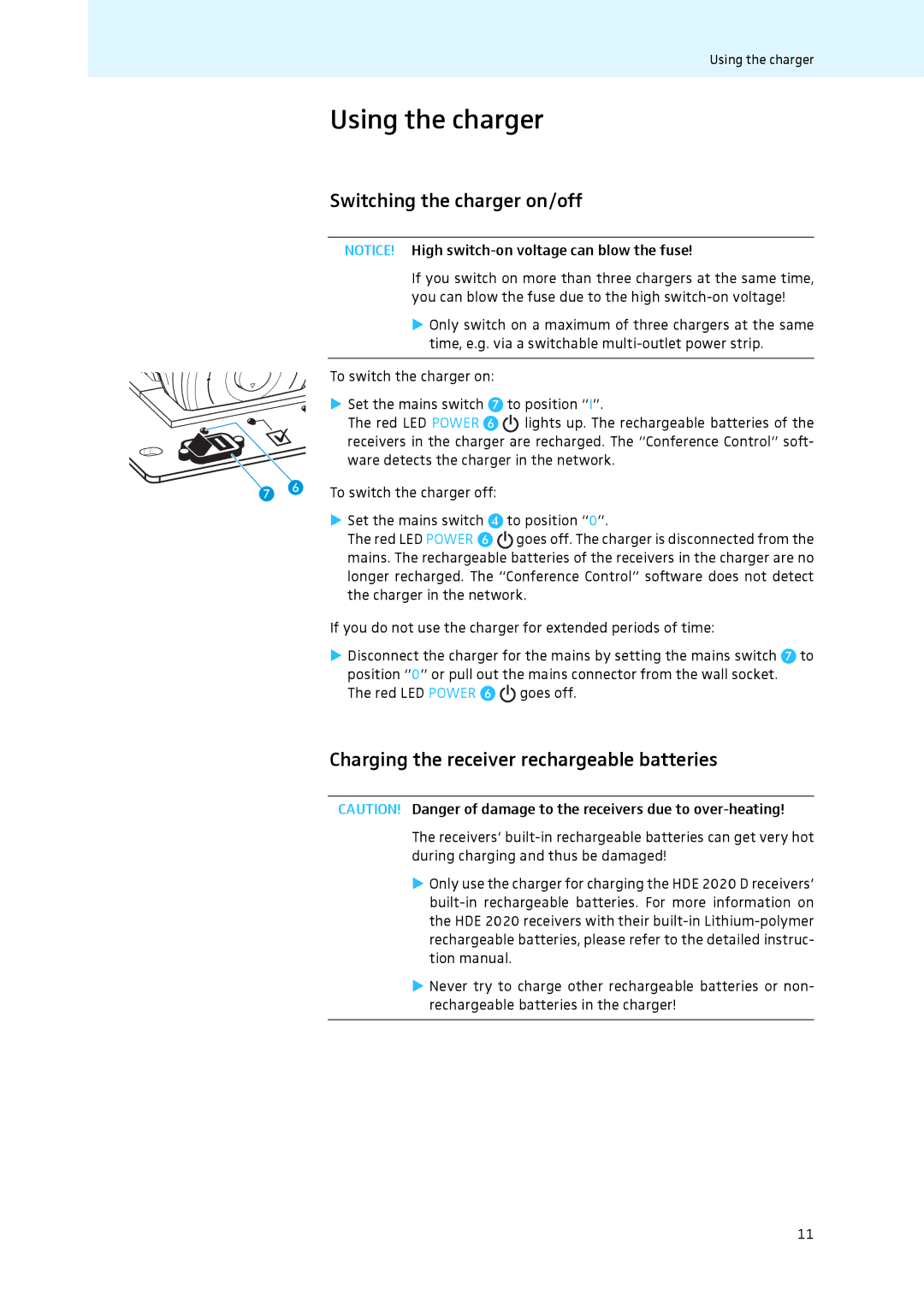 Sennheiser L 2021-40 Using the charger, Switching the charger on/off, Charging the receiver rechargeable batteries 