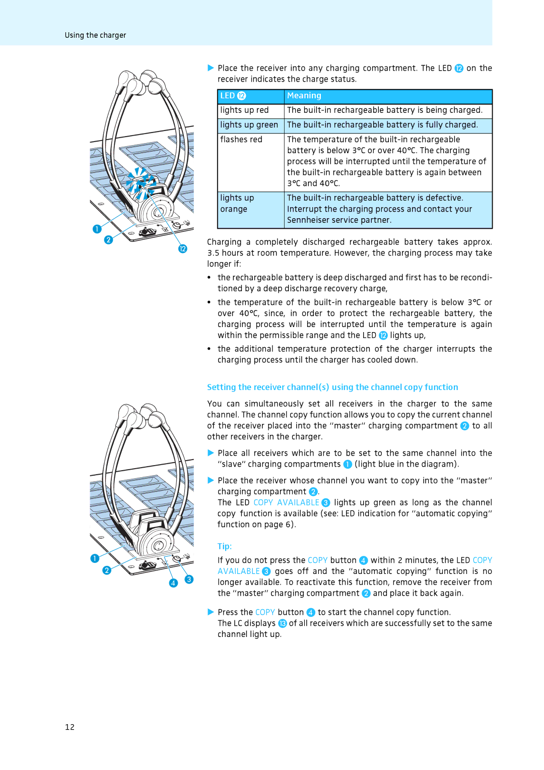 Sennheiser L 2021-40 instruction manual LED Copy Available, Tip, Goes off and the automatic copying function is no 