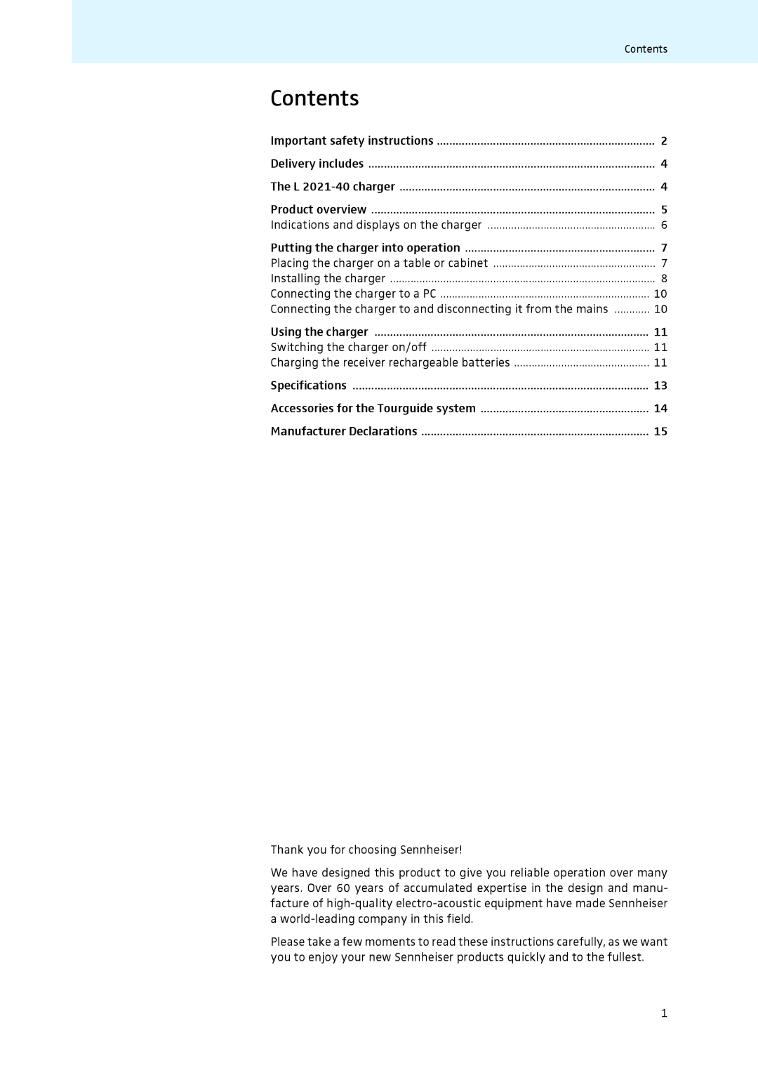 Sennheiser L 2021-40 instruction manual Contents 