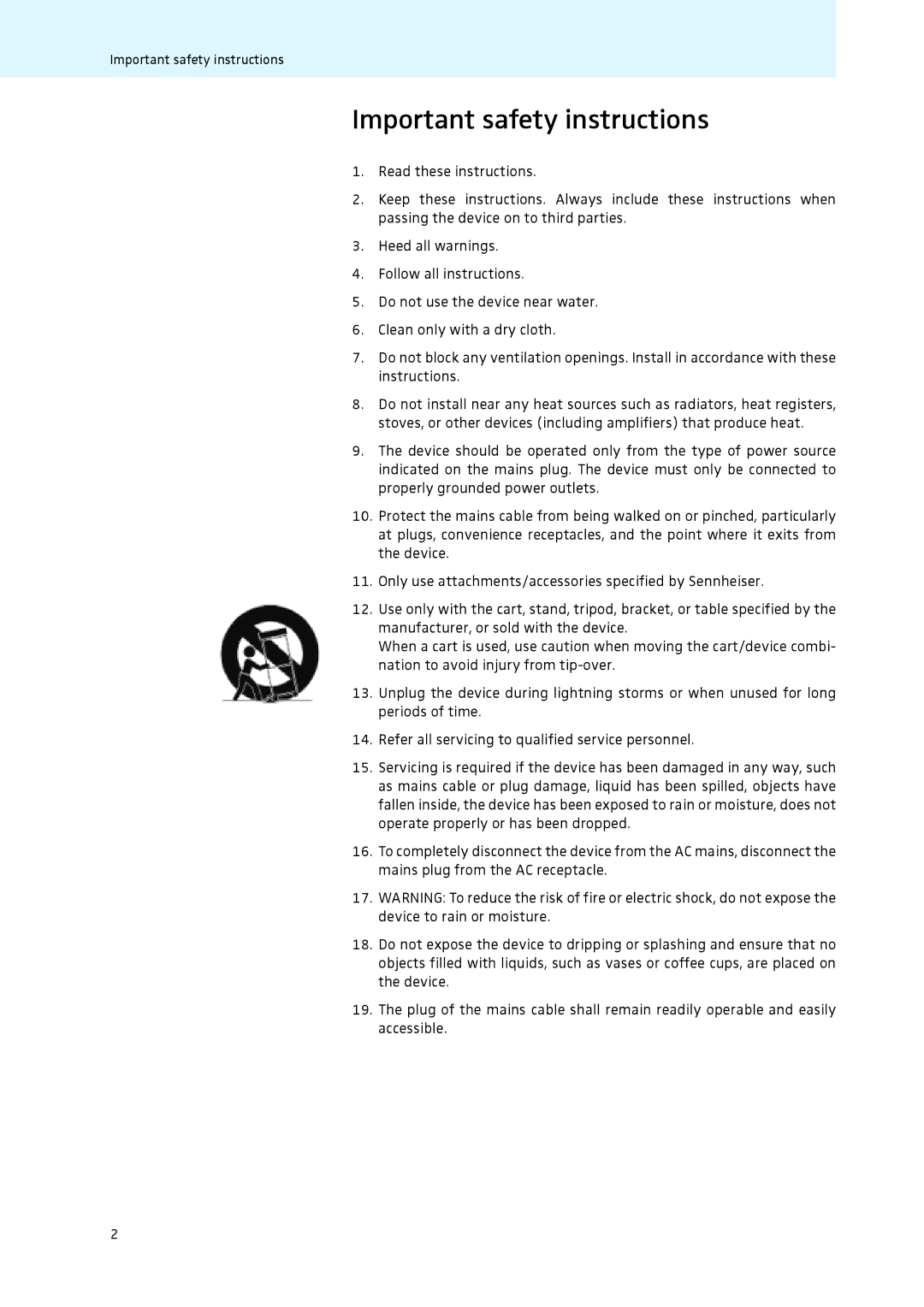 Sennheiser L 2021-40 instruction manual Important safety instructions 